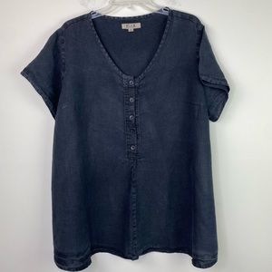 Flax Washed Black 100% linen short sleeve button front top size 1G or plus 18-20